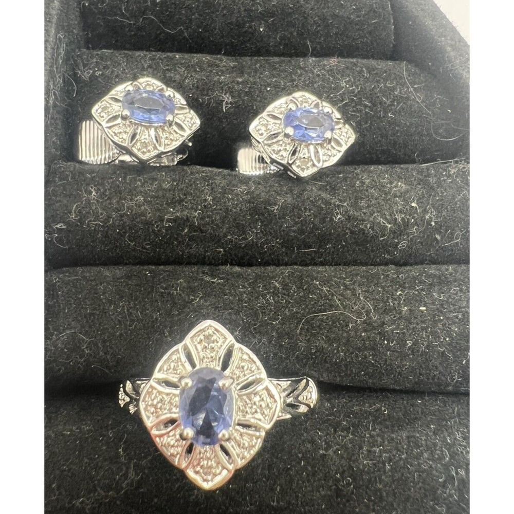 Silver Tone Women's Faux Tanzanite Blue Gemstone Earrings And Ring Set
